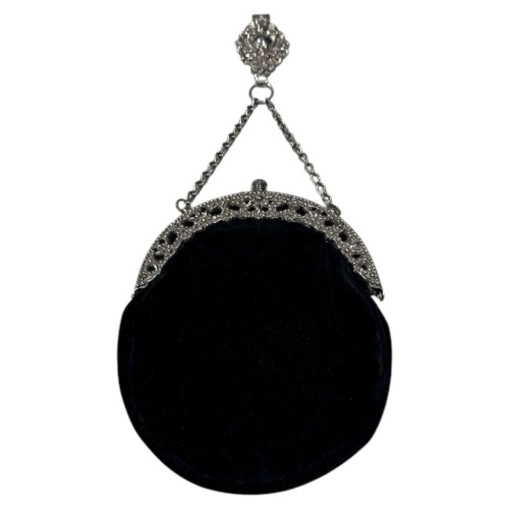 Vintage Victorian Style Silver Tone Mounted Black Velvet Bag with Belt Clip